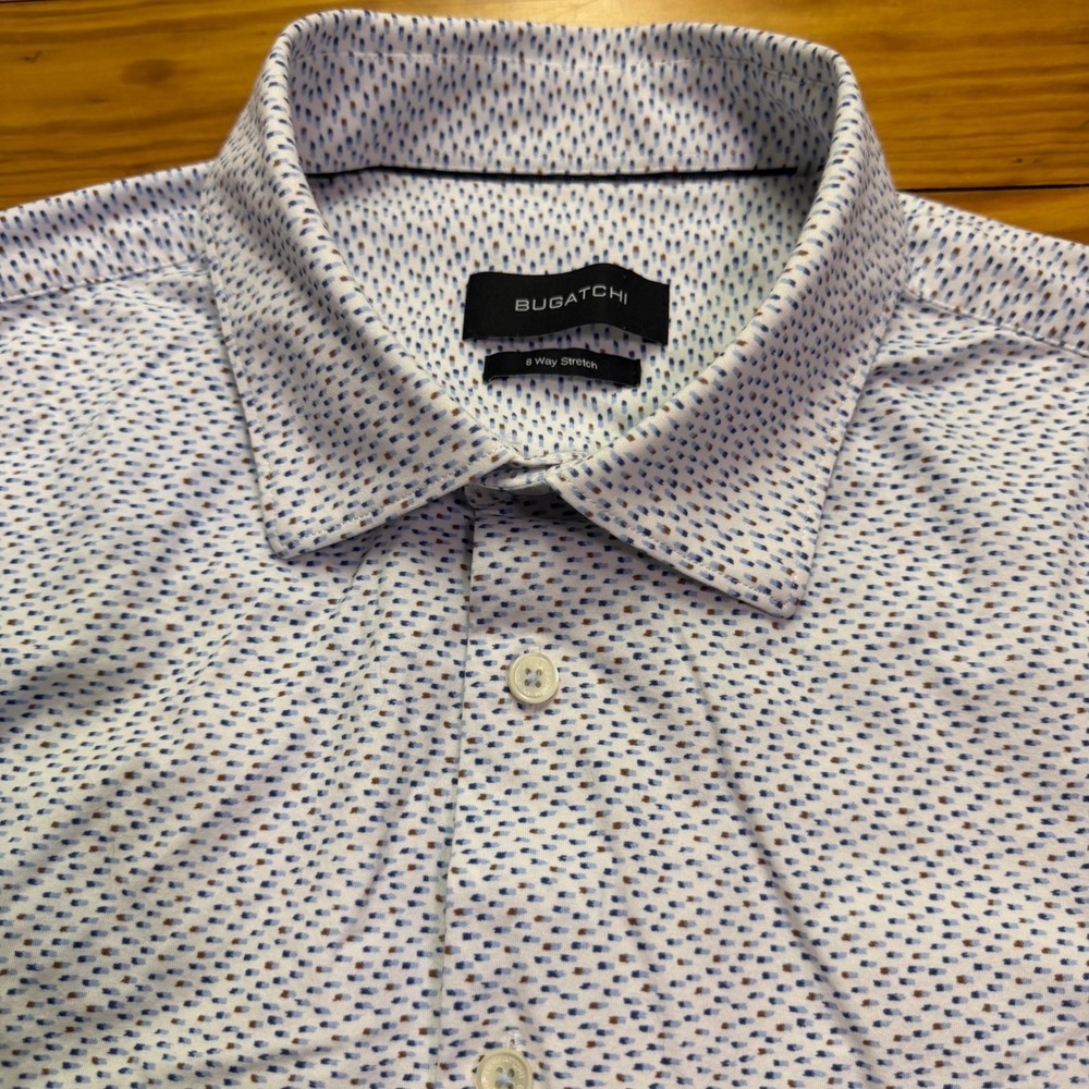 Bugatchi 8 Way Stretch Mens Shirt XL Blue White Geometric Dot Long Sleeve